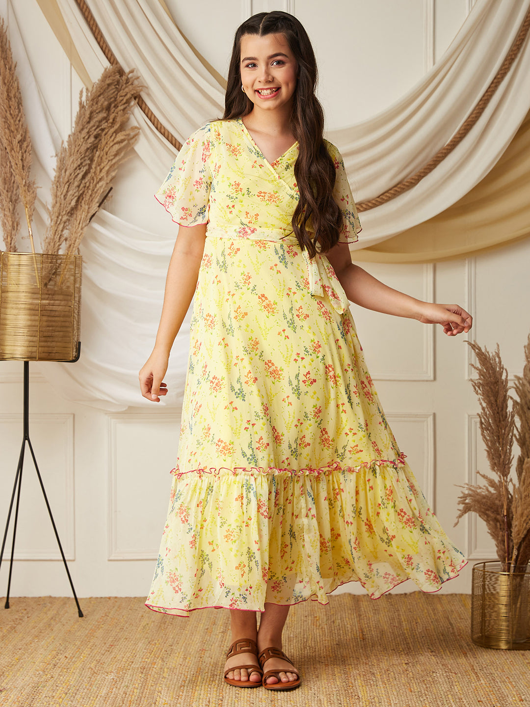 Multicolored-Base-Yellow V Neck Flared Sleeve Floral Wrap Maxi Dress