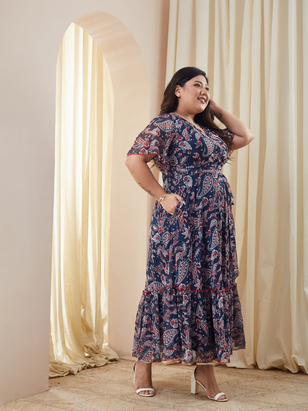 Navy Floral Wrap Chiffon Maxi Dress with Flutter Sleeves & Frilled Hem for Women