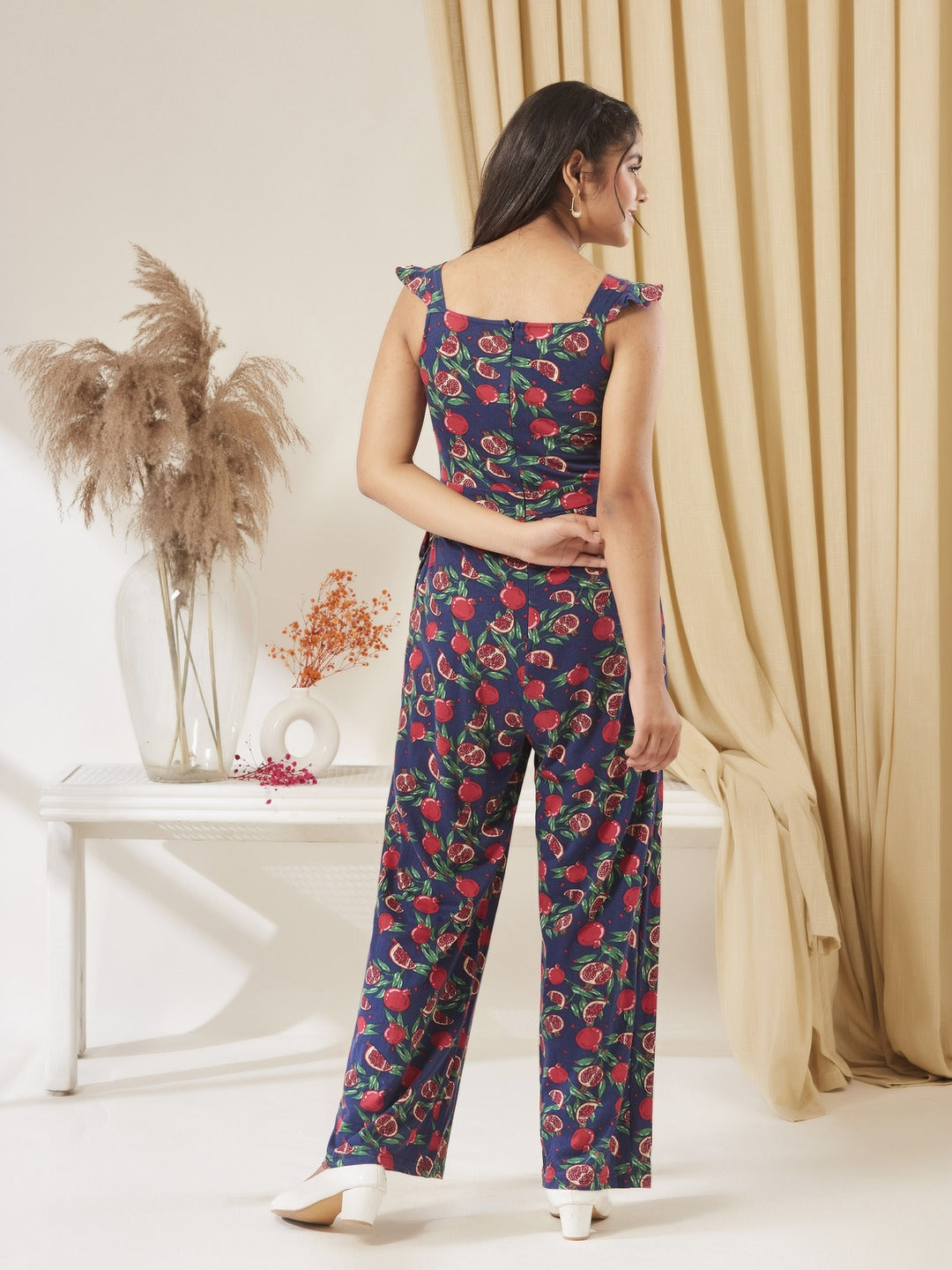Navy Square Neck Sleeveless Fruit Waist Tie-Up Pure Cotton Regular-Length Jumpsuit for Girls/Teenagers