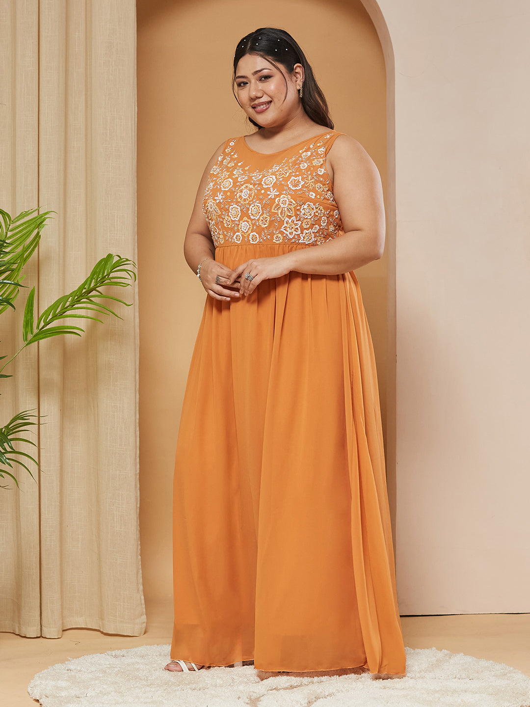Dusty Orange Boat-Neck-Sleevesless Embroidered Georgette Gathered Maxi Dress for Women