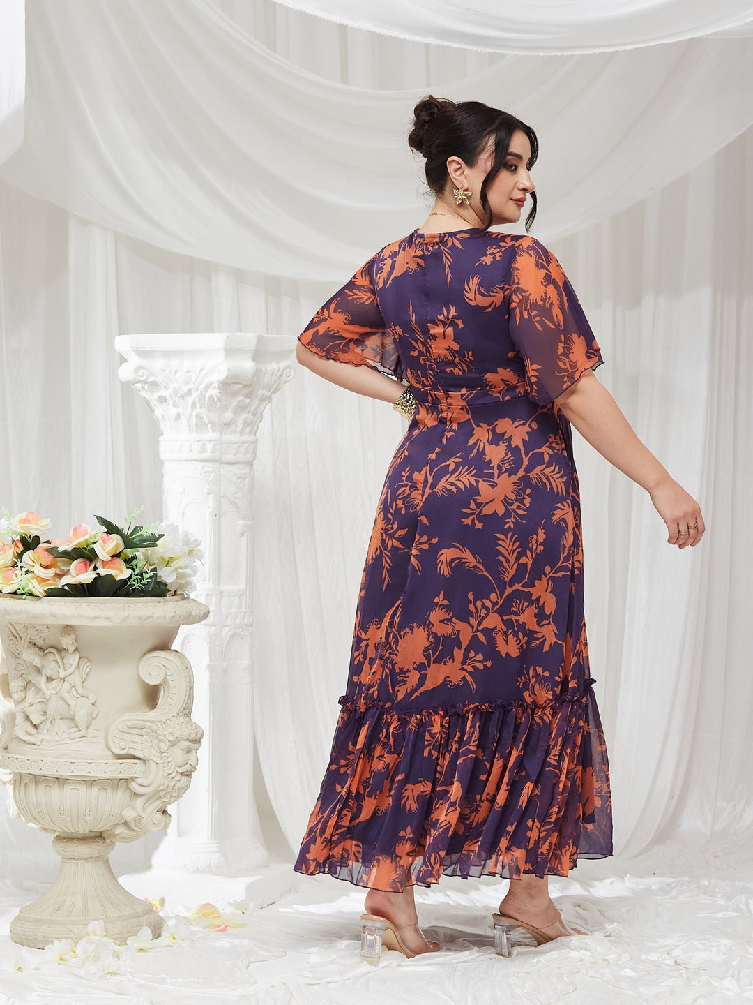 Women's Orange and Purple Floral Wrap Chiffon Maxi Dress with Flutter Sleeves and Frilled Hem