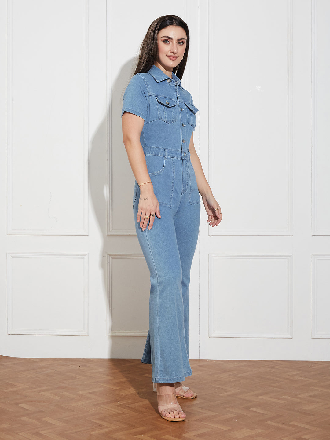 Women's Light Blue Flared High Rise Regular Length Stretchable Denim Jumpsuit