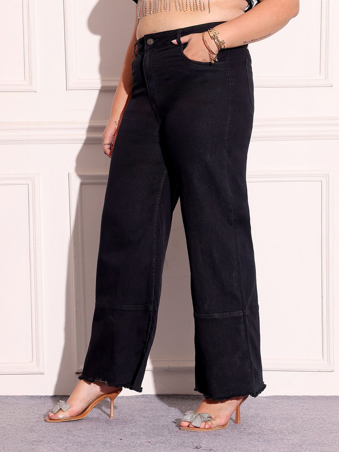 Women's Black Wide-Leg High-Rise Stretchable Denim Jeans