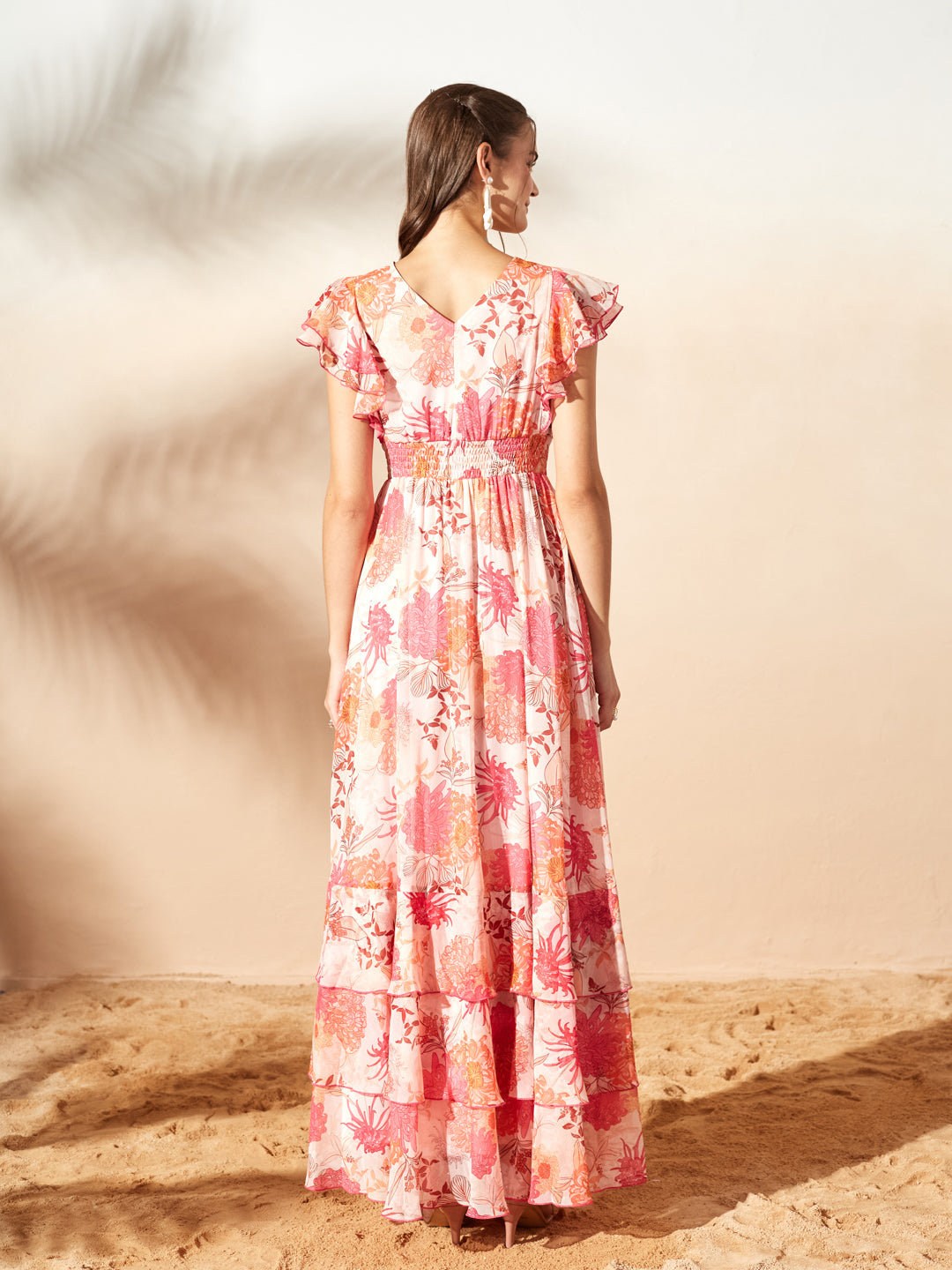 Light Peach Tapered Square Neck Layered Ruffle Floral Ruffled Maxi Chiffon Dress for Women — Miss Chase