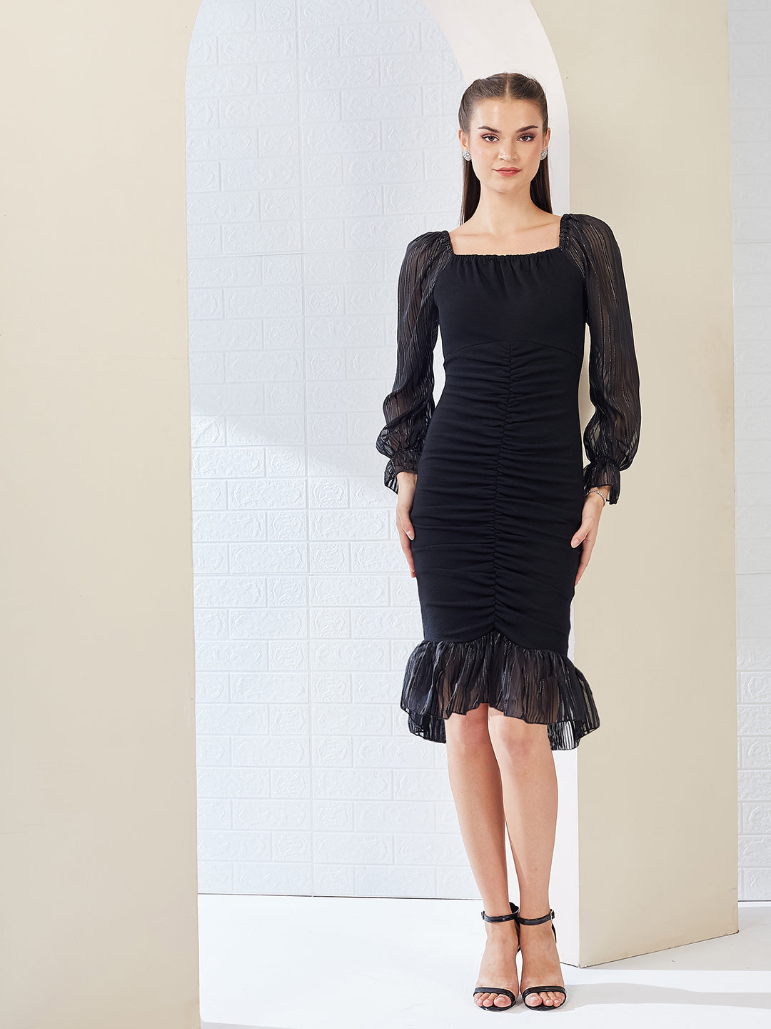 Black Square Puff Sleeve Solid Ruching Midi Dress for Women