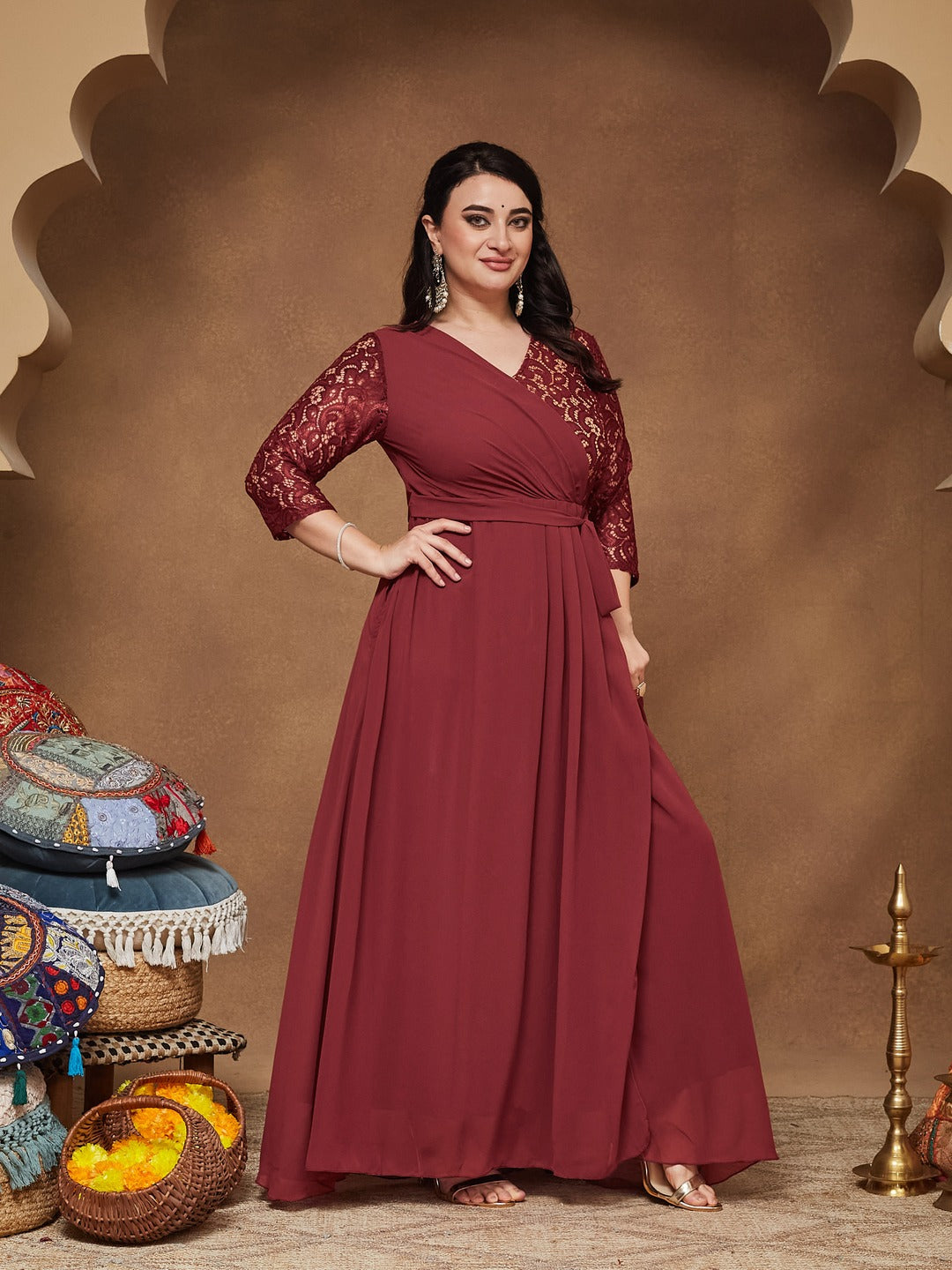 Brick Red V-Neck 3/4 Sleeve Self-Designed Wrap Styled Georgette Maxi Dress for Women — Miss Chase A+