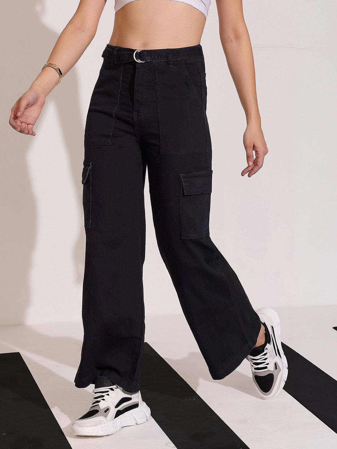 Women's Black Wide leg High rise Clean look Regular Stretchable Denim Jeans
