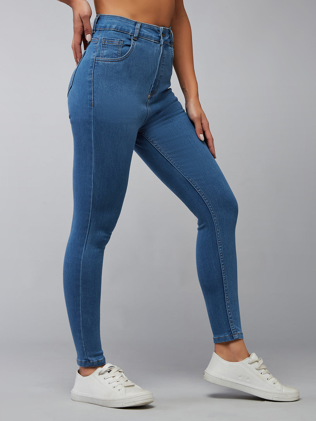 Women's Blue Solid Skinny High Rise Clean Look Cropped Fringe Detailing Solid Stretchable Denim Jeans