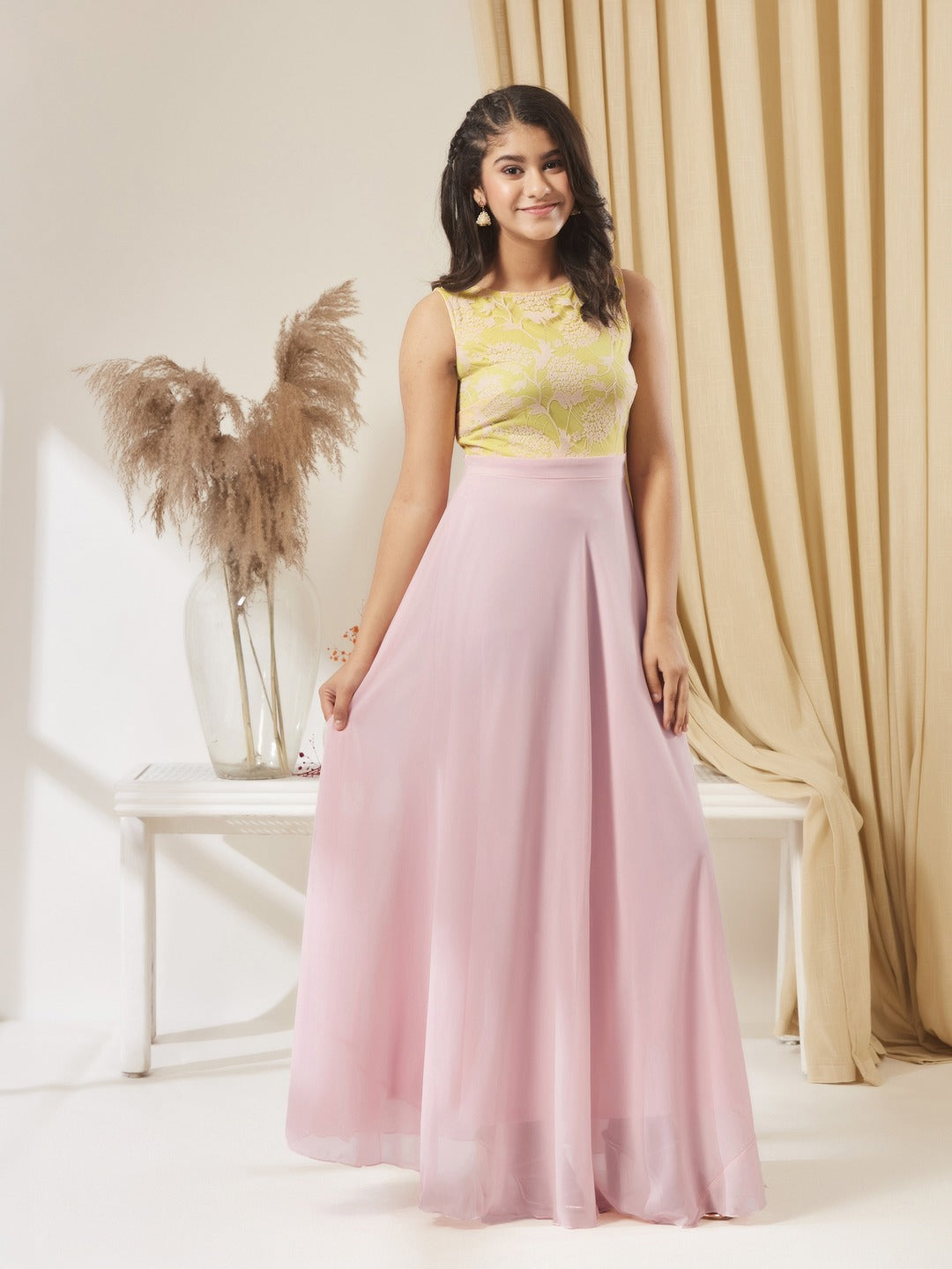 Dusty Pink Boat Neck Sleeveless Self Design Lace Overlaid Georgette Maxi Dress for Girls/Teenagers
