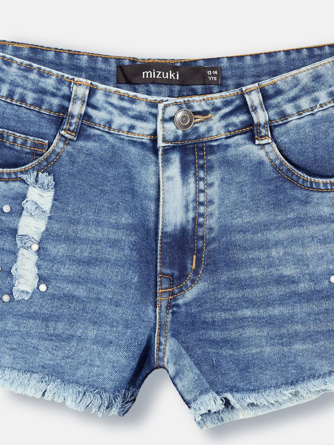 Dark Blue Relaxed-Fit Mid-Rise Highly-Distressed Regular-Length Denim Shorts for Girls/Teenagers
