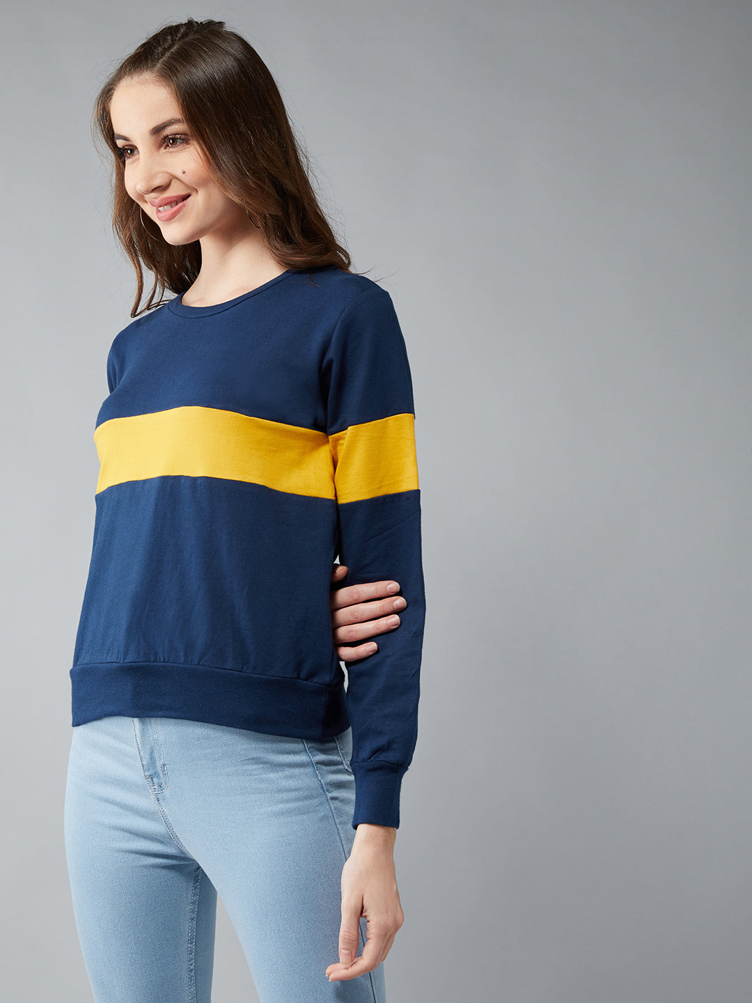 Women's Navy Blue Round Neck Full Sleeves Cotton Solid Boxy Colorblock Sweatshirt