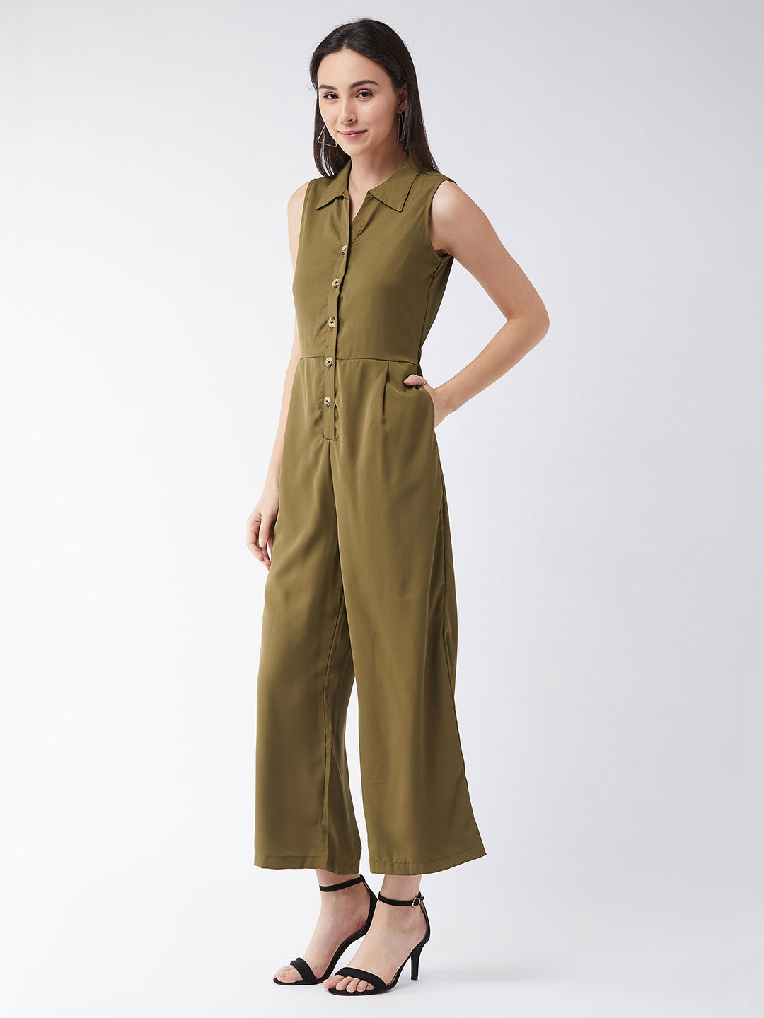 Women's Olive Green Solid Regular Length V - Neck Sleeveless Front Pleat Wide Leg Jumpsuit