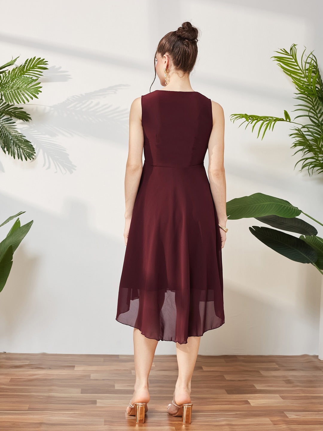 Wine Red V-Neck Sleeveless Solid High-Low Midi Skater Dress for Women