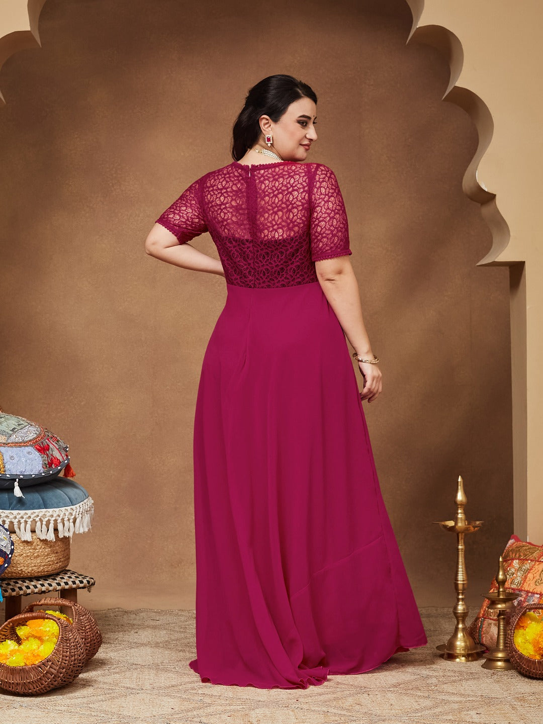 Dark Pink Round neck Half Sleeve Solid Lace Overlaid Maxi Dress for Women — Miss Chase A+