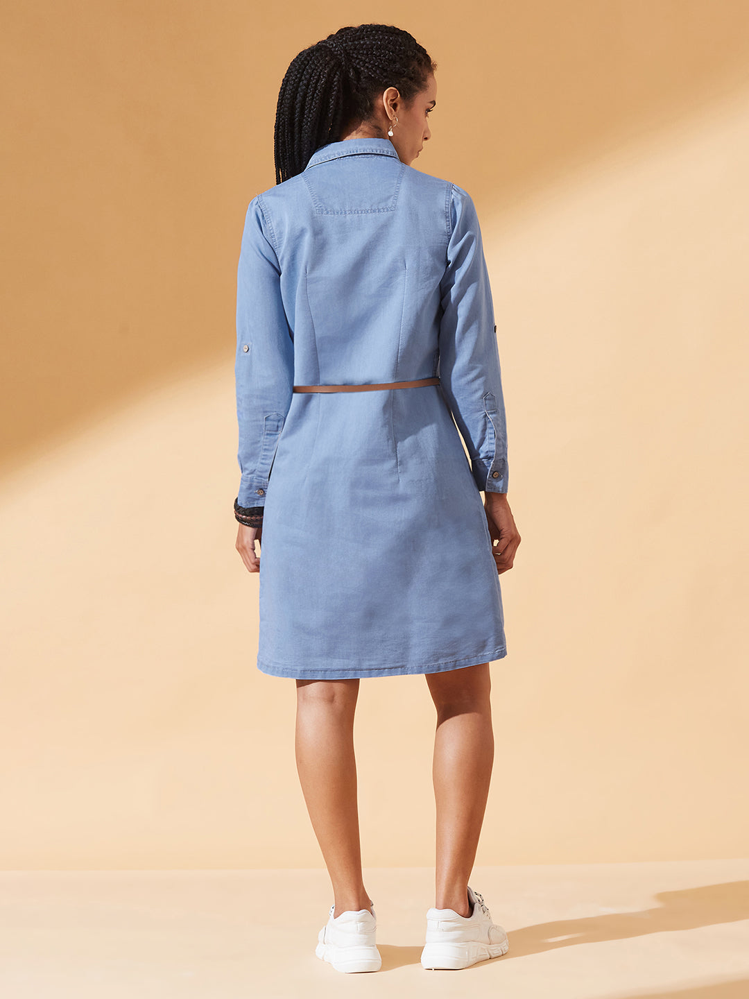 Blue Polo Neck Rolled Up Full Sleeve Denim Solid Buttoned A-Line Mini Dress for Women — Dolce Crudo