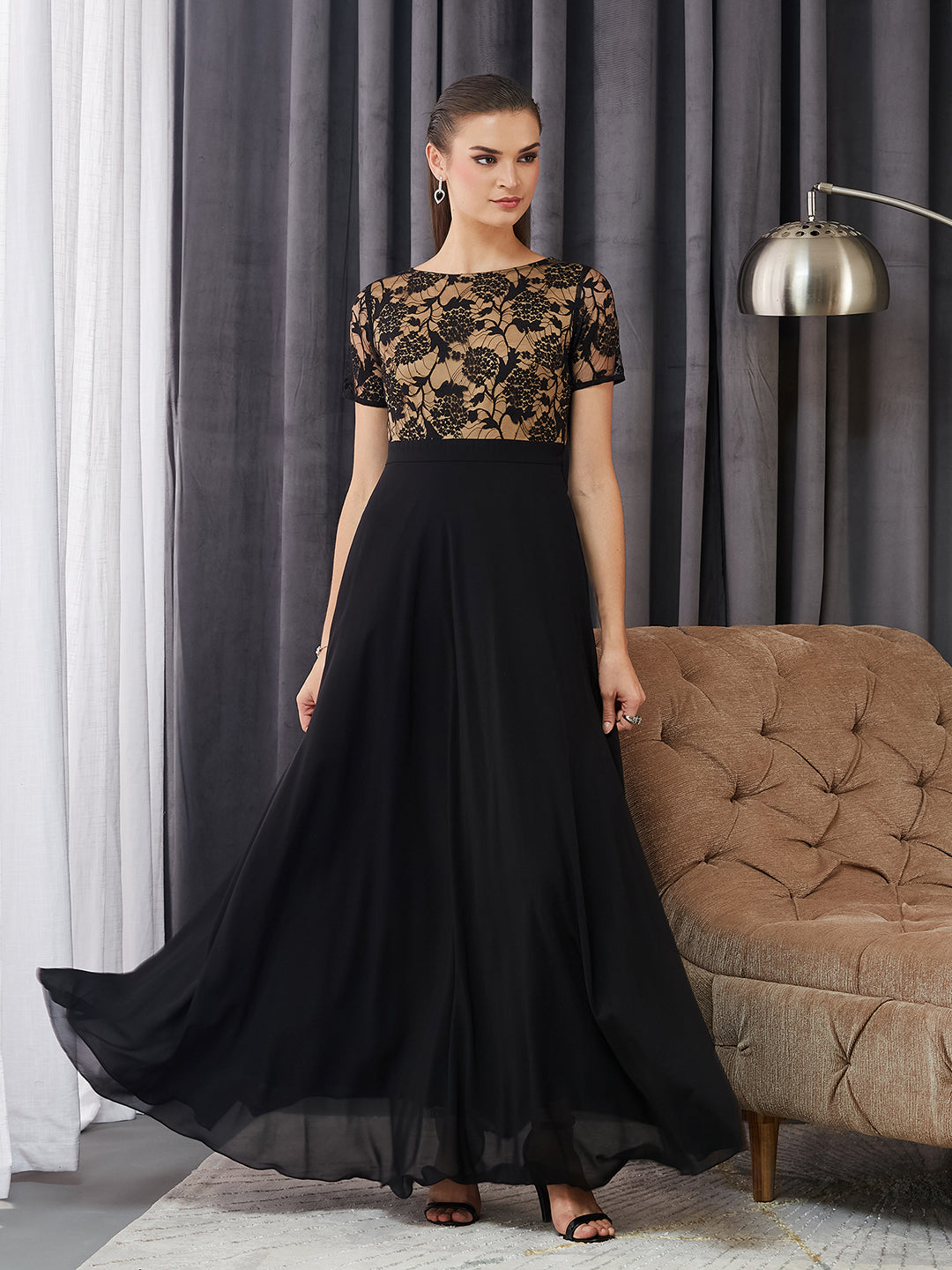 Black Round Neck Half Sleeve Self Design Fit & Flare Georgette Maxi Dress for Women