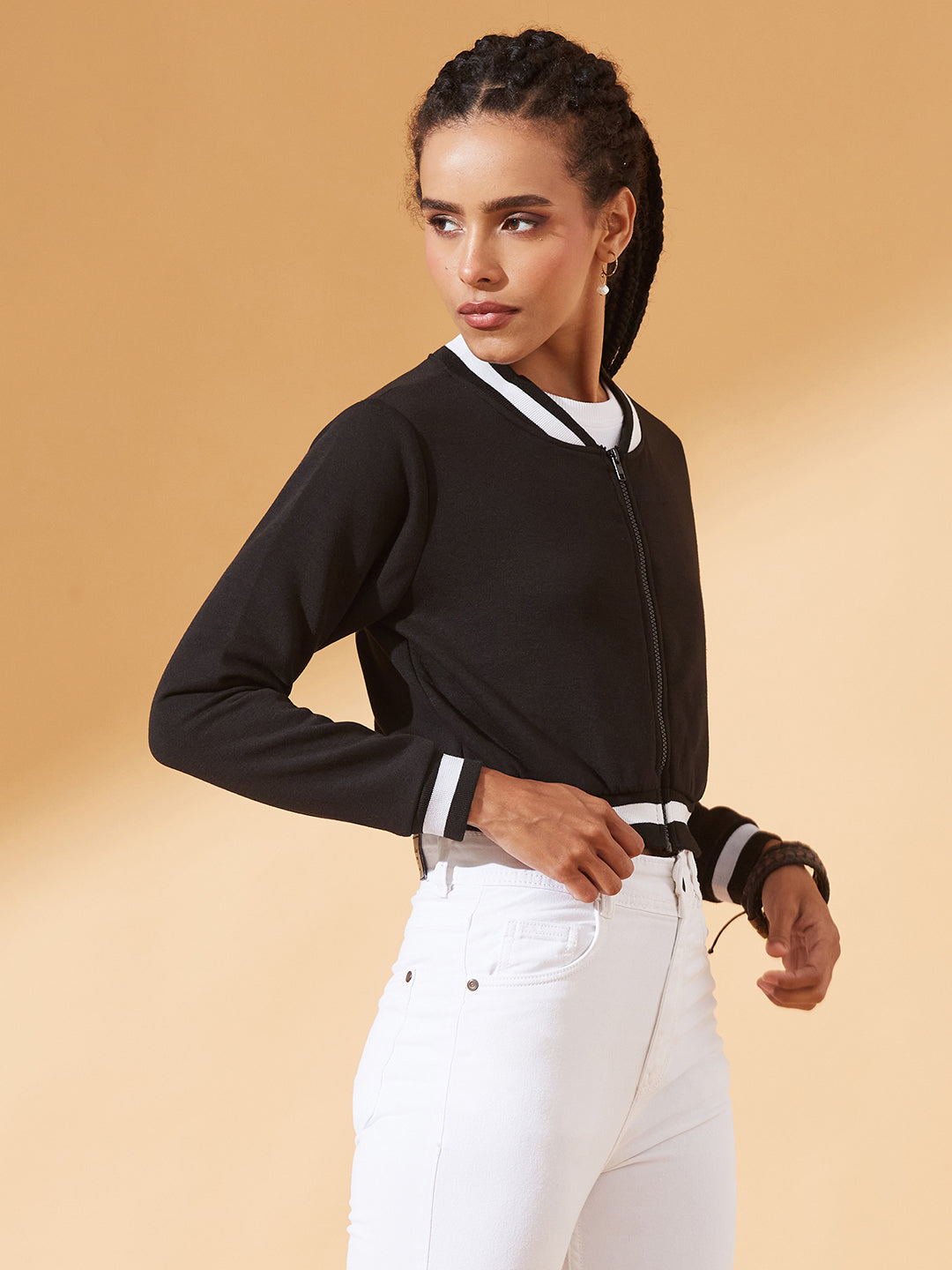 Black V-Neck Full Sleeves Loopknit, Rib Solid Bomber Cropped Jacket for Women