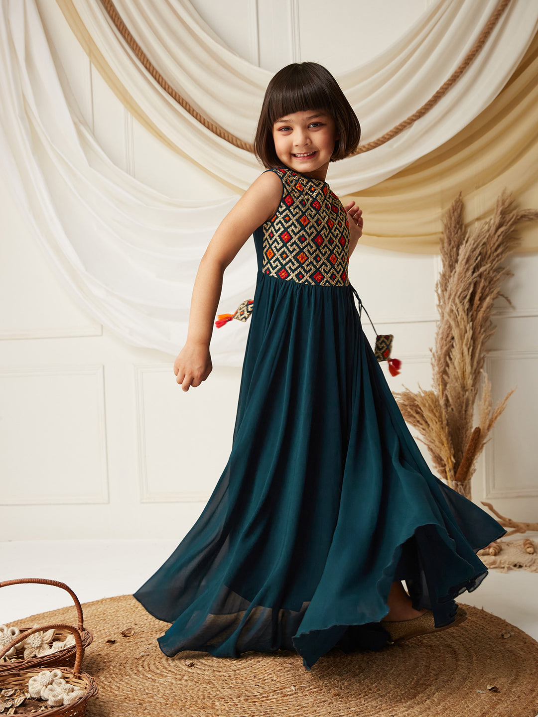 Multicolored-Base-Teal Round-Neck Sleeveless Embroidered Flared Polyester Maxi Dress