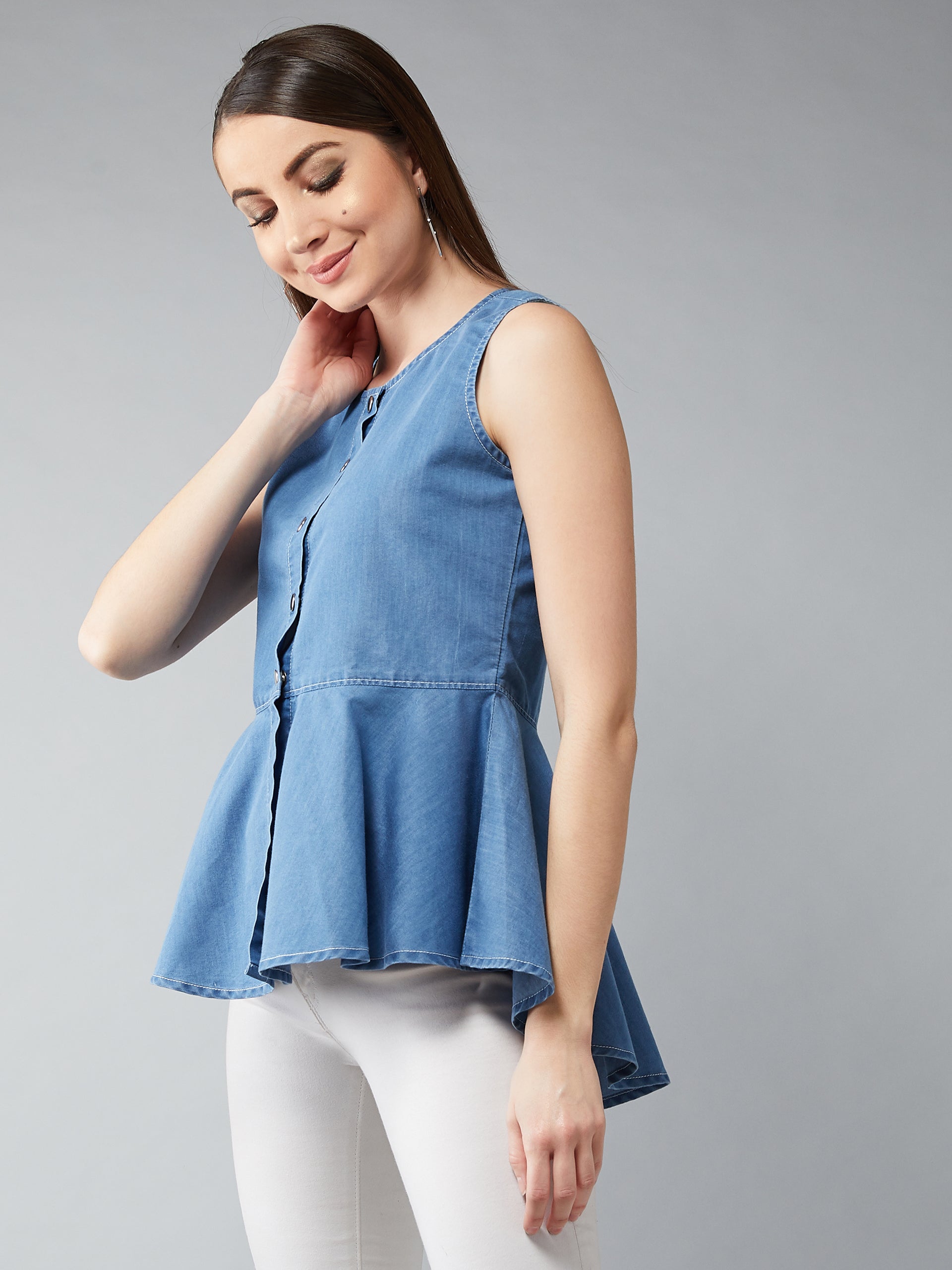 Women's Blue Round Neck Sleeveless Denim Front Open Solid Hooded Peplum Top