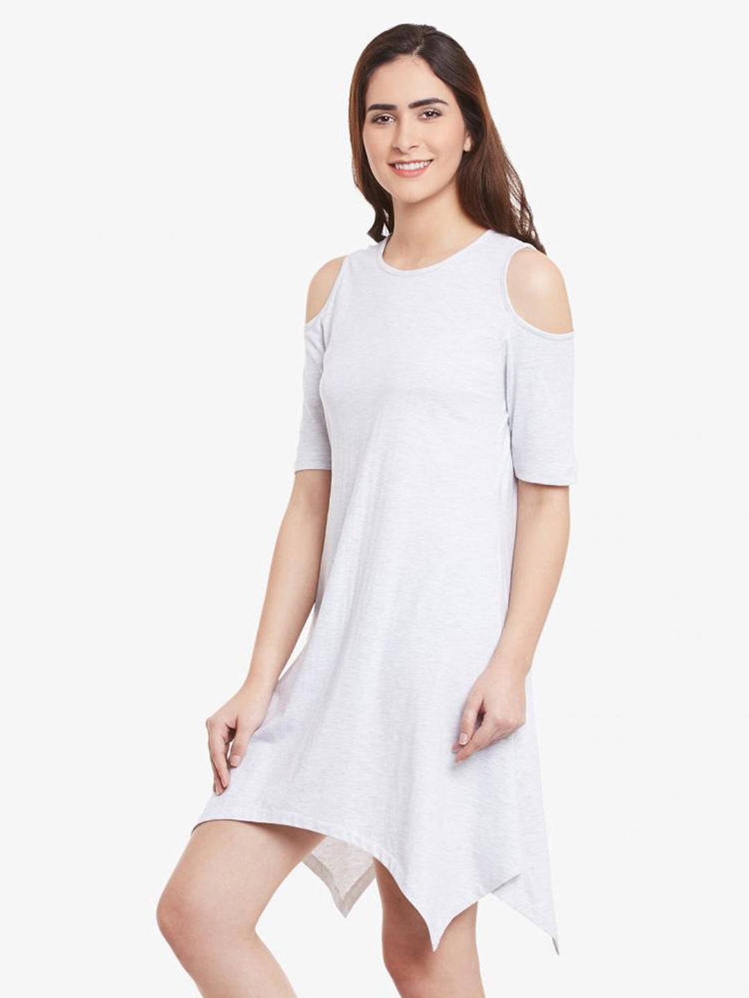 Grey Solid Round Neck Half Sleeve Mini A-Line Dress for Women — Miss Chase