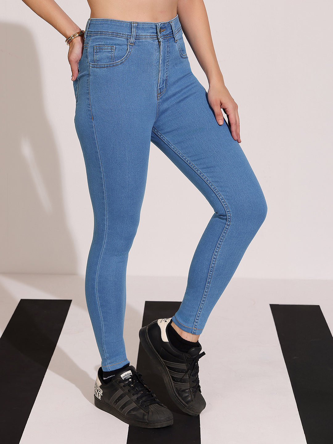Women's Blue Solid Skinny High Rise Clean Look Cropped Fringe Detailing Solid Stretchable Denim Jeans