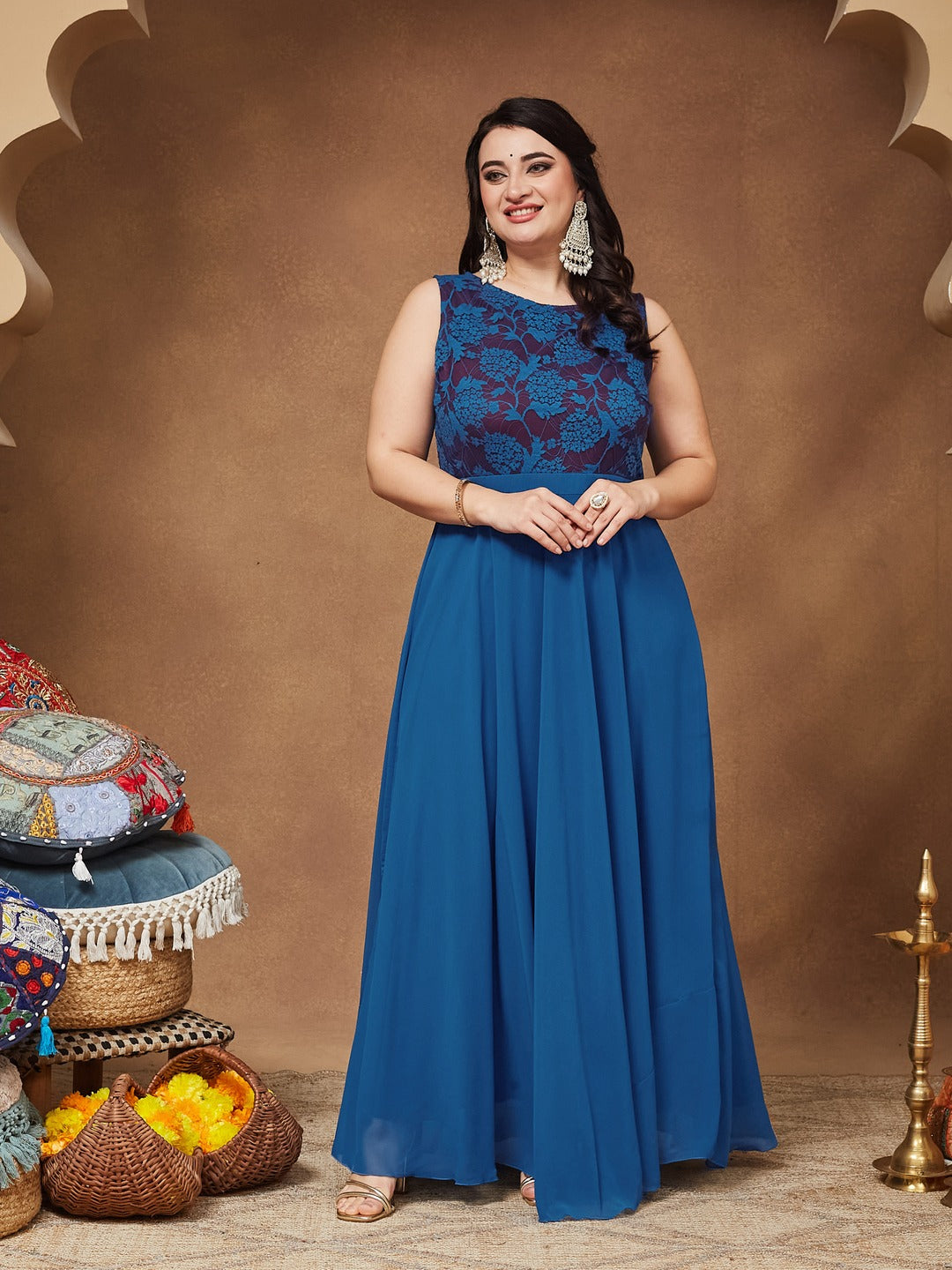 Royal Blue Round Neck Sleeveless Georgette Floral Lace Fit & Flare Maxi Dress for Women — Miss Chase A+