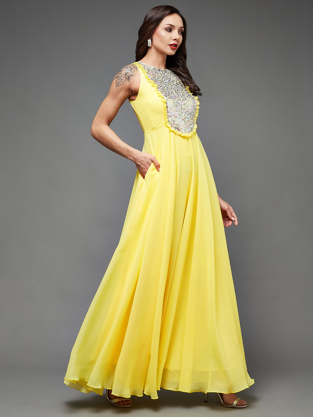 Women's Yellow Round Neck Sleeveless Embellished Frilled Georgette Maxi Dress