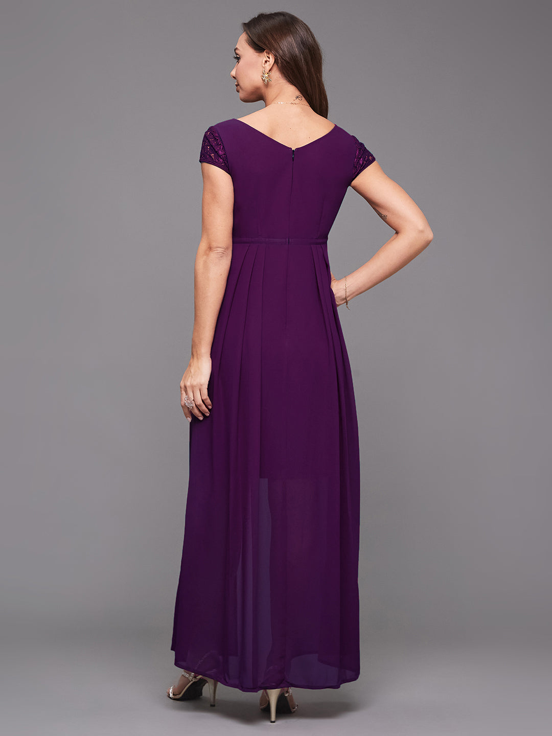 Women's Dark Purple Sweet-Heart Neck Cap Sleeve Self-Designed Pleated Georgette Maxi Dress