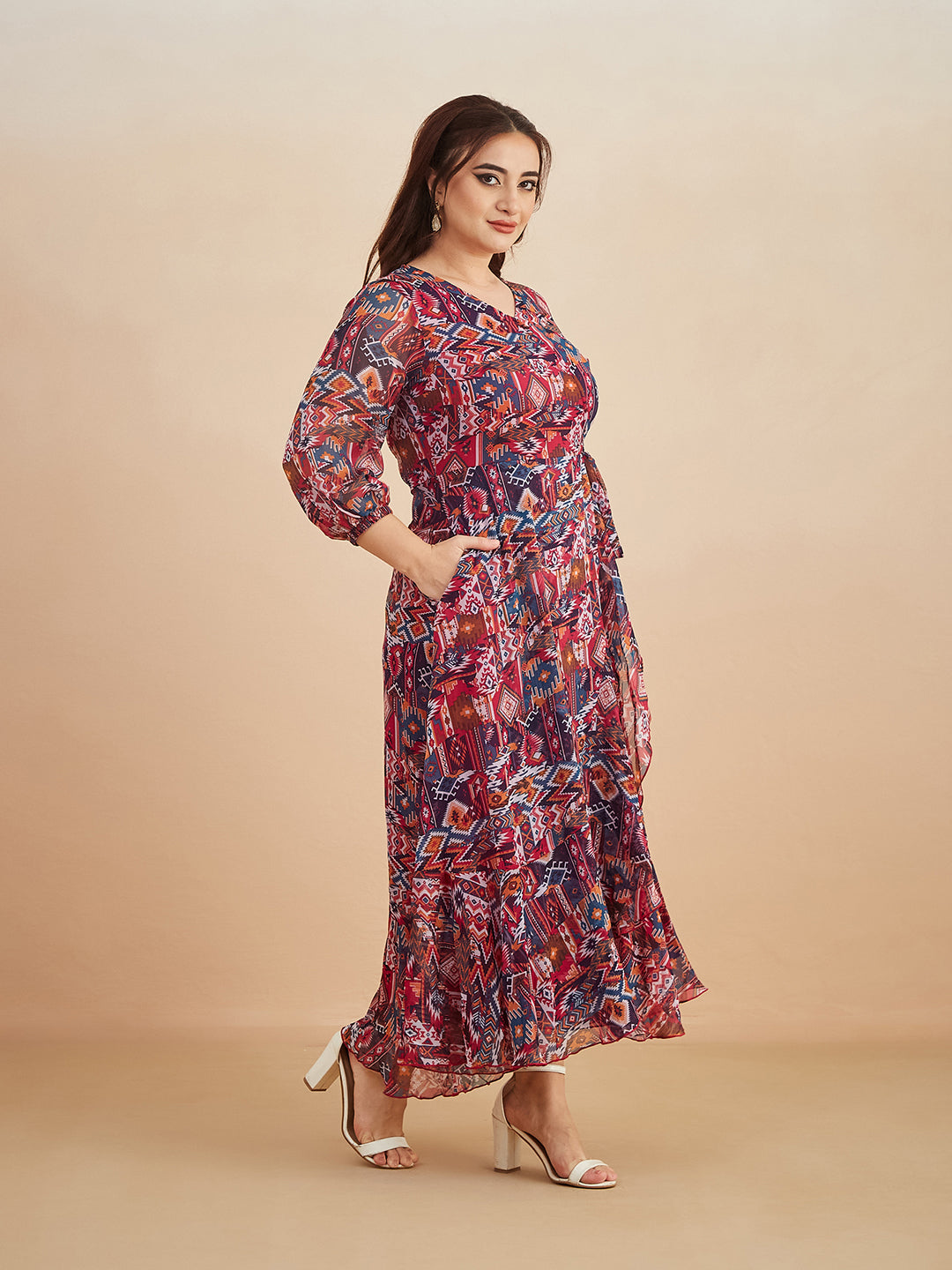 Multicolored V-Neck Three-Quarter Sleeve Geometric Patterned Wrap Midi Chiffon Dress for Women