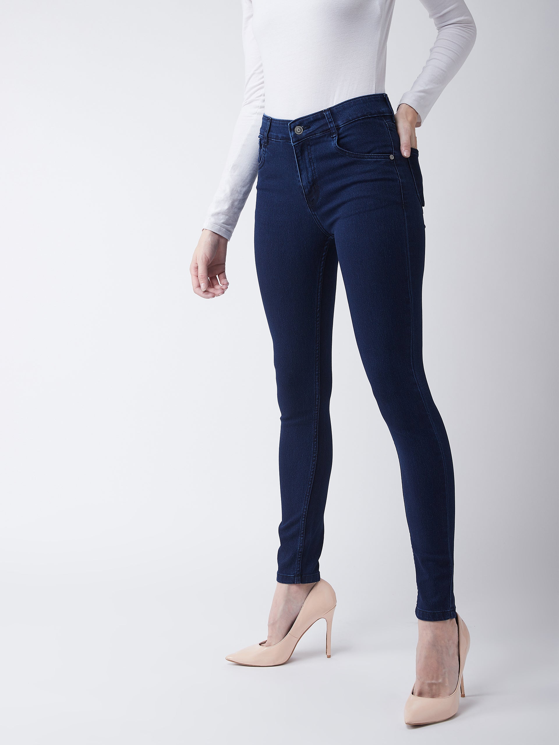 Women's Navy Blue Skinny Fit Mid Rise Regular Length Denim Stretchable Jeans