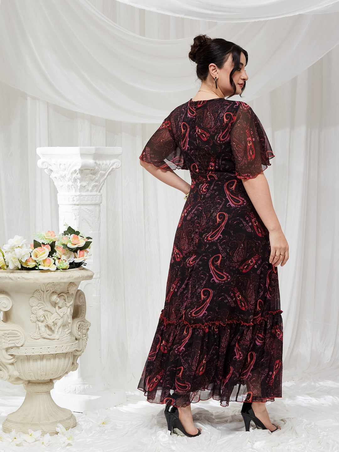 Black Bohemian V-Neck Flutter Sleeve Chiffon Relaxed Fit Wrap Maxi Dress for Women