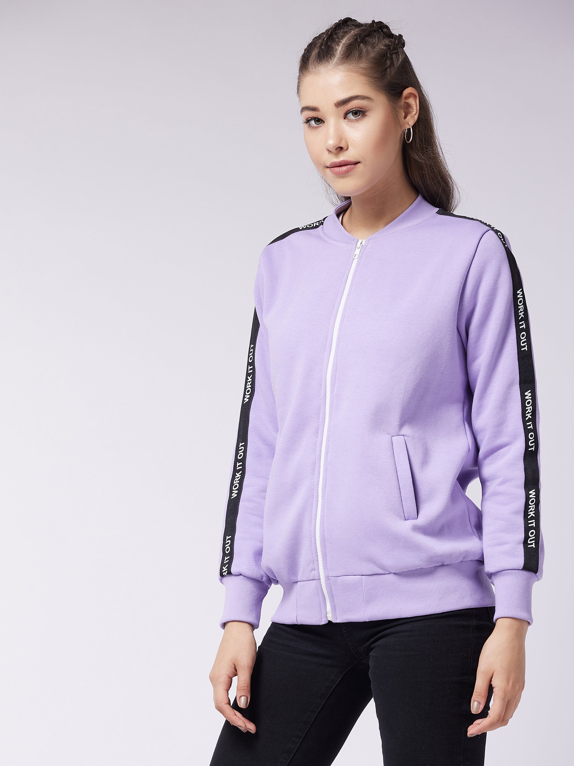 Women's Lavender V Neck Full Sleeves Solid Bomber Regular Jacket