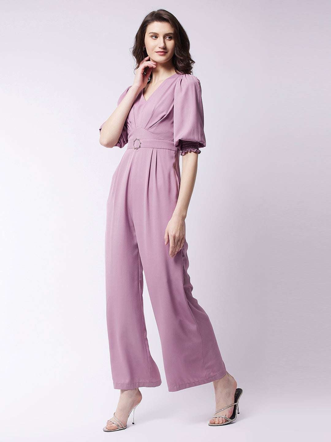 Women's Lavender V neck 3/4th Sleeve Solid Pleated Regular Jumpsuit