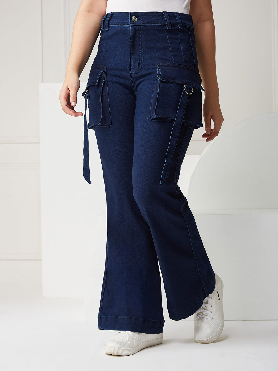 Women's Navy Blue Bootcut Cargo High Rise Stretchable Denim Jeans