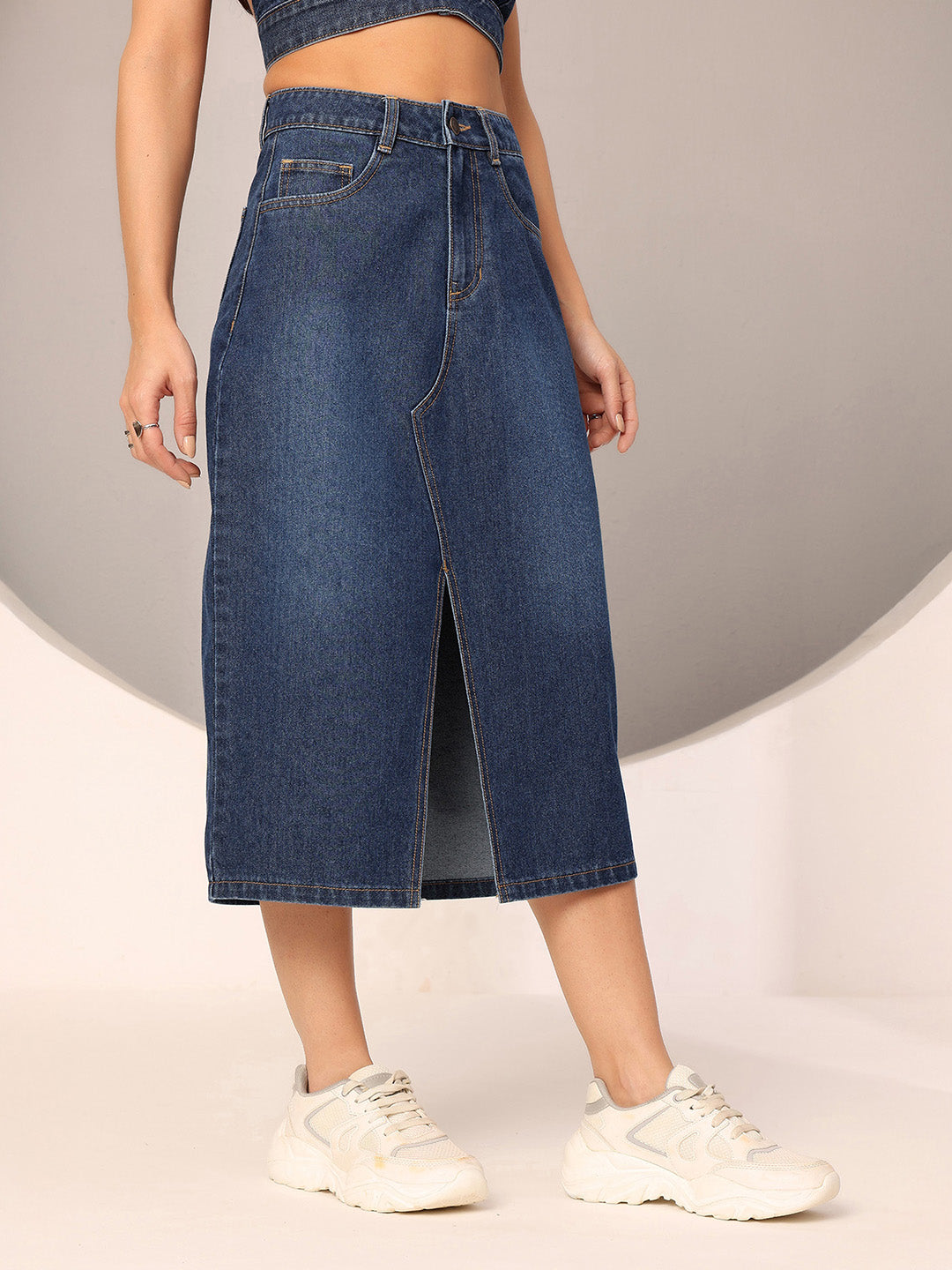 Dark Blue A-Line High-Rise Clean-Look Non-stretchable Denim Midi Skirt for Women