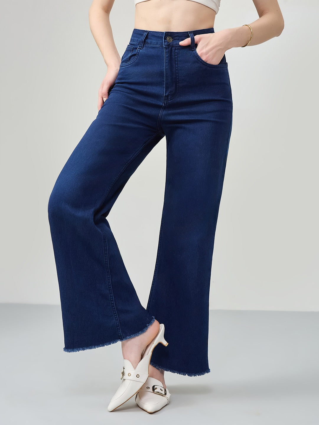 Navy Blue Wide-Leg High-Rise Stretchable Denim Jeans for Women
