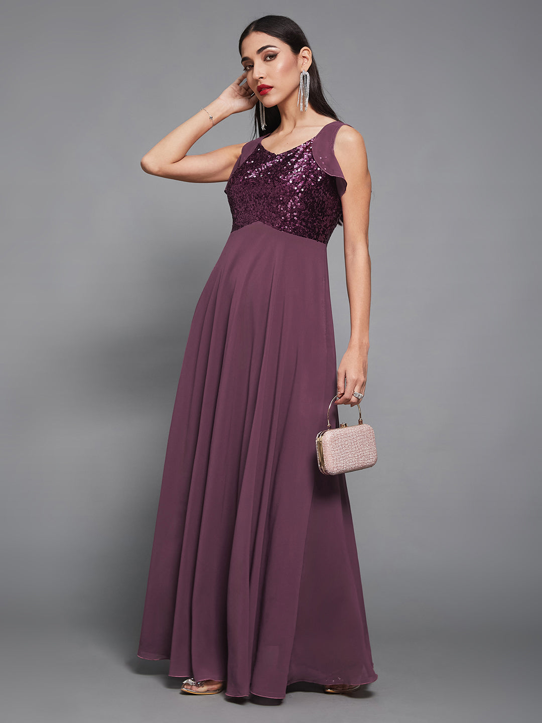 Women's Mauve Sweet-Heart Neck Sleeveless Embellished Fit & Flare Maxi Dress