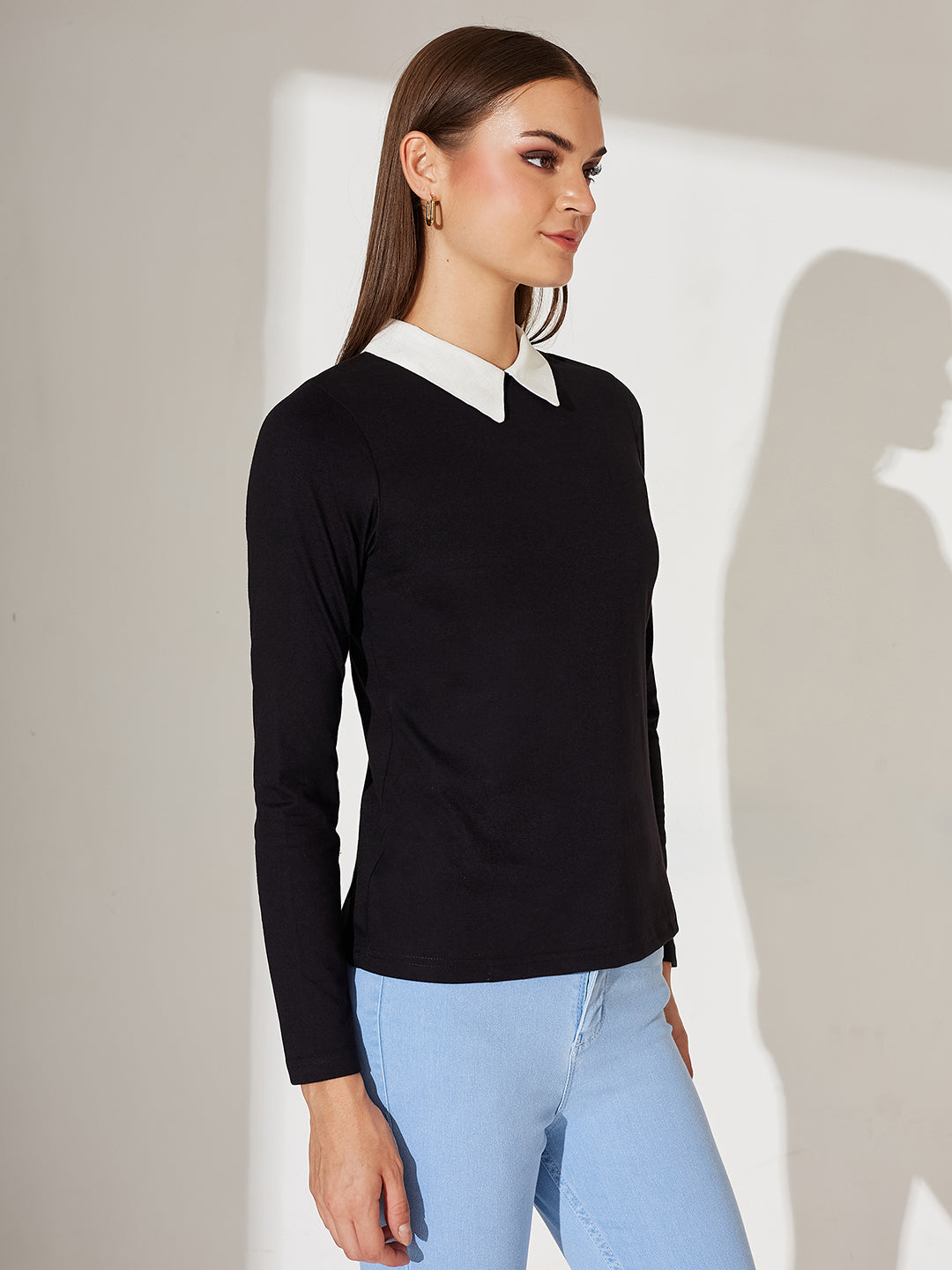Black Collared Round Neck Full Sleeve Cotton Solid Buttoned Top for Women