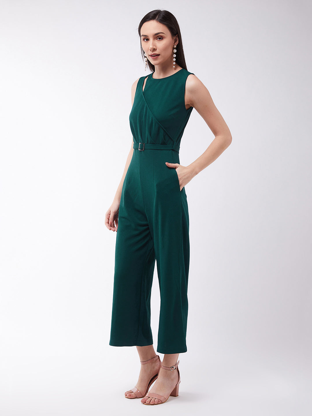 Crease Ease Women's Green Solid Polyester Regular Fit Round Neck Sleeveless Regular Length Jumpsuit