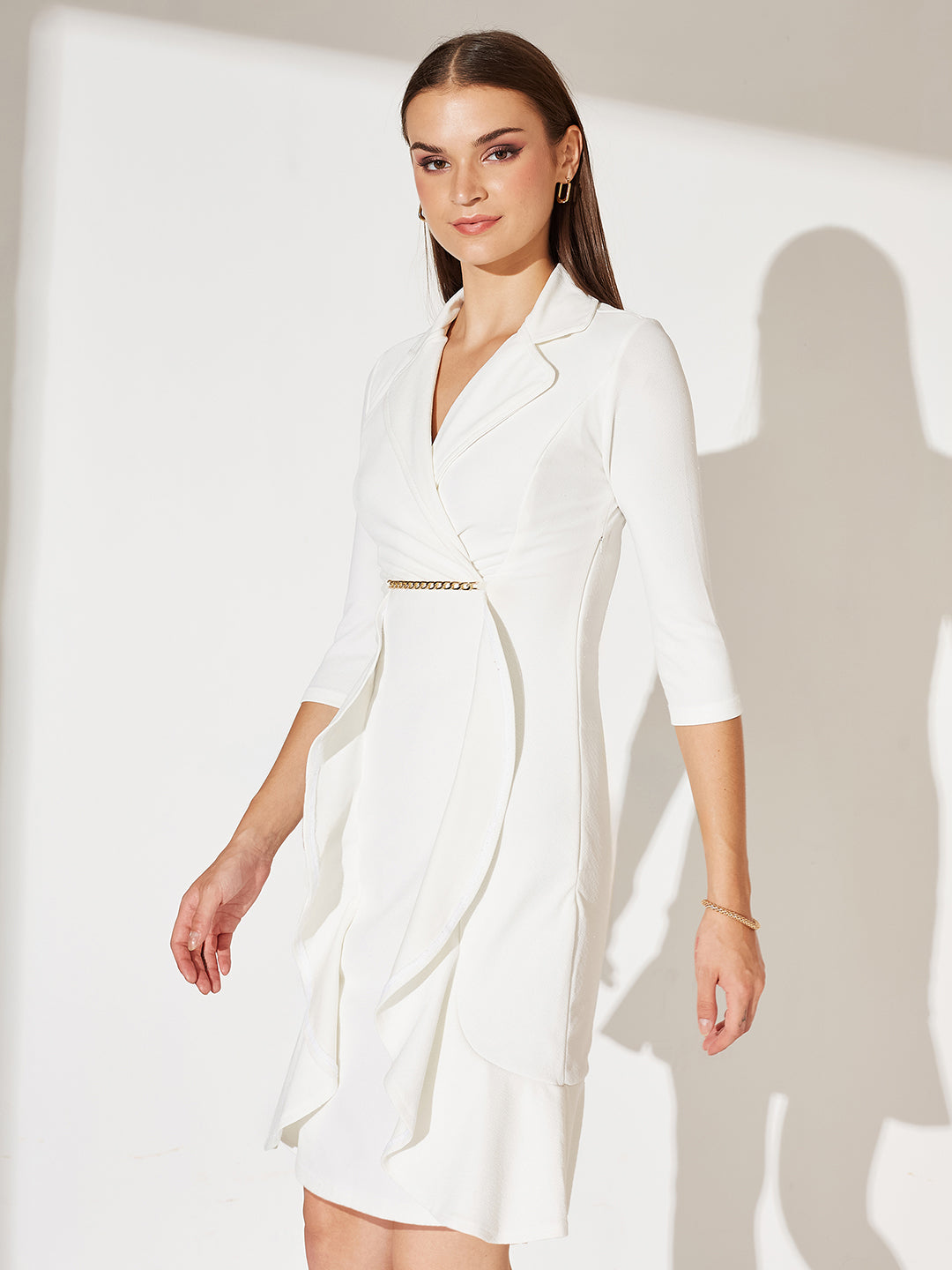 Women's Off White Solid Double Breasted Knee Length Dress