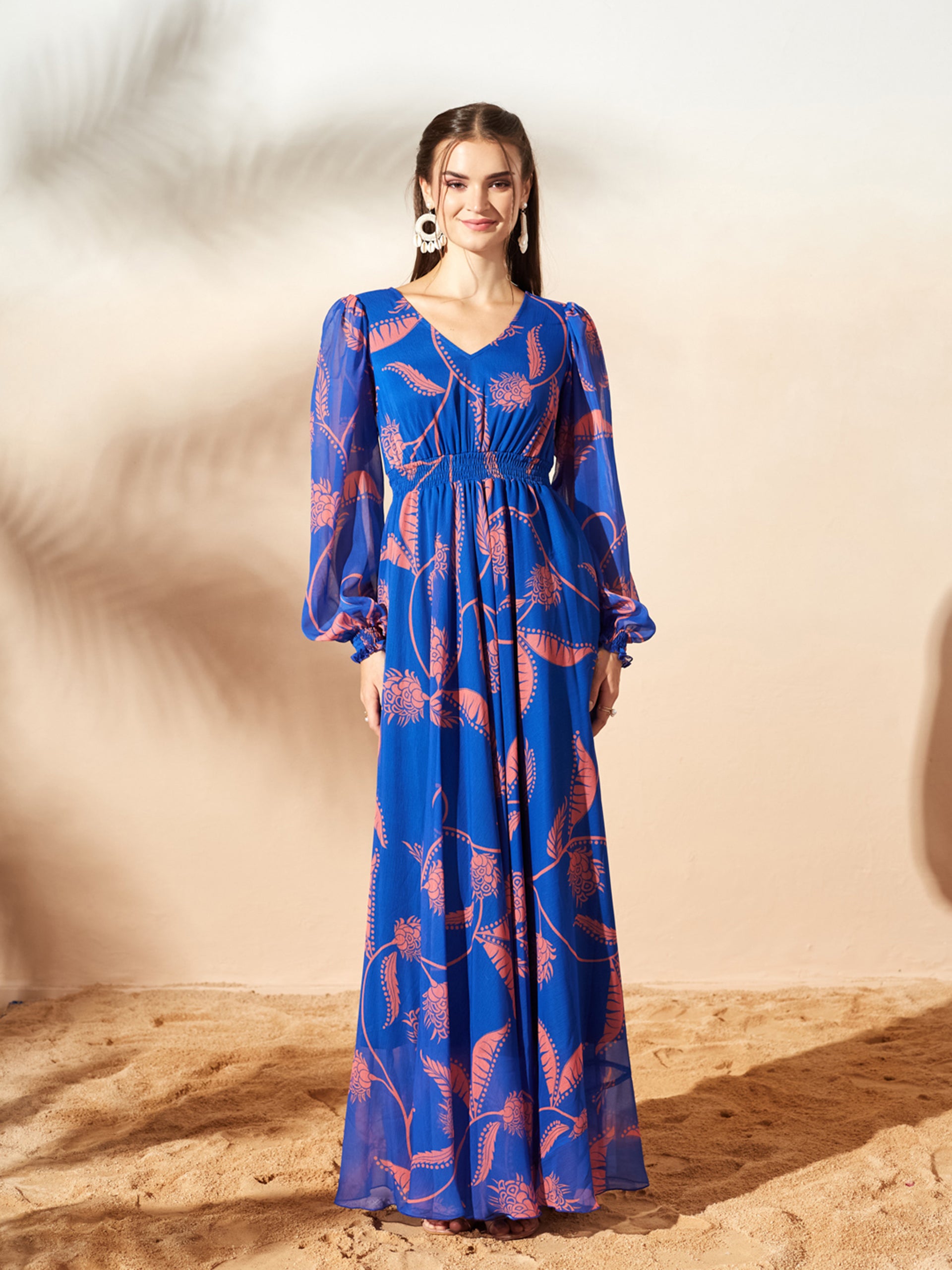 Royal Blue & Coral Full Sleeves Floral Printed Fit and Flare Dress for Women