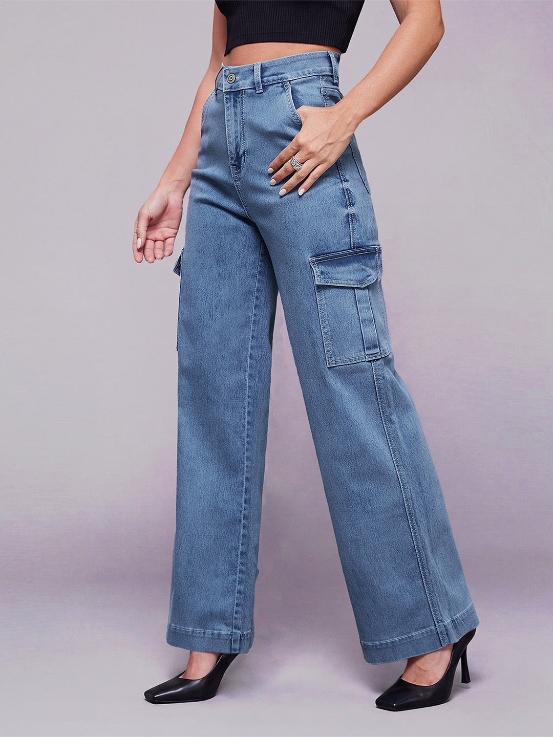 Light Blue Wide-Leg High-Rise Stretchable Flared Cargo Style Denim Jeans for Women