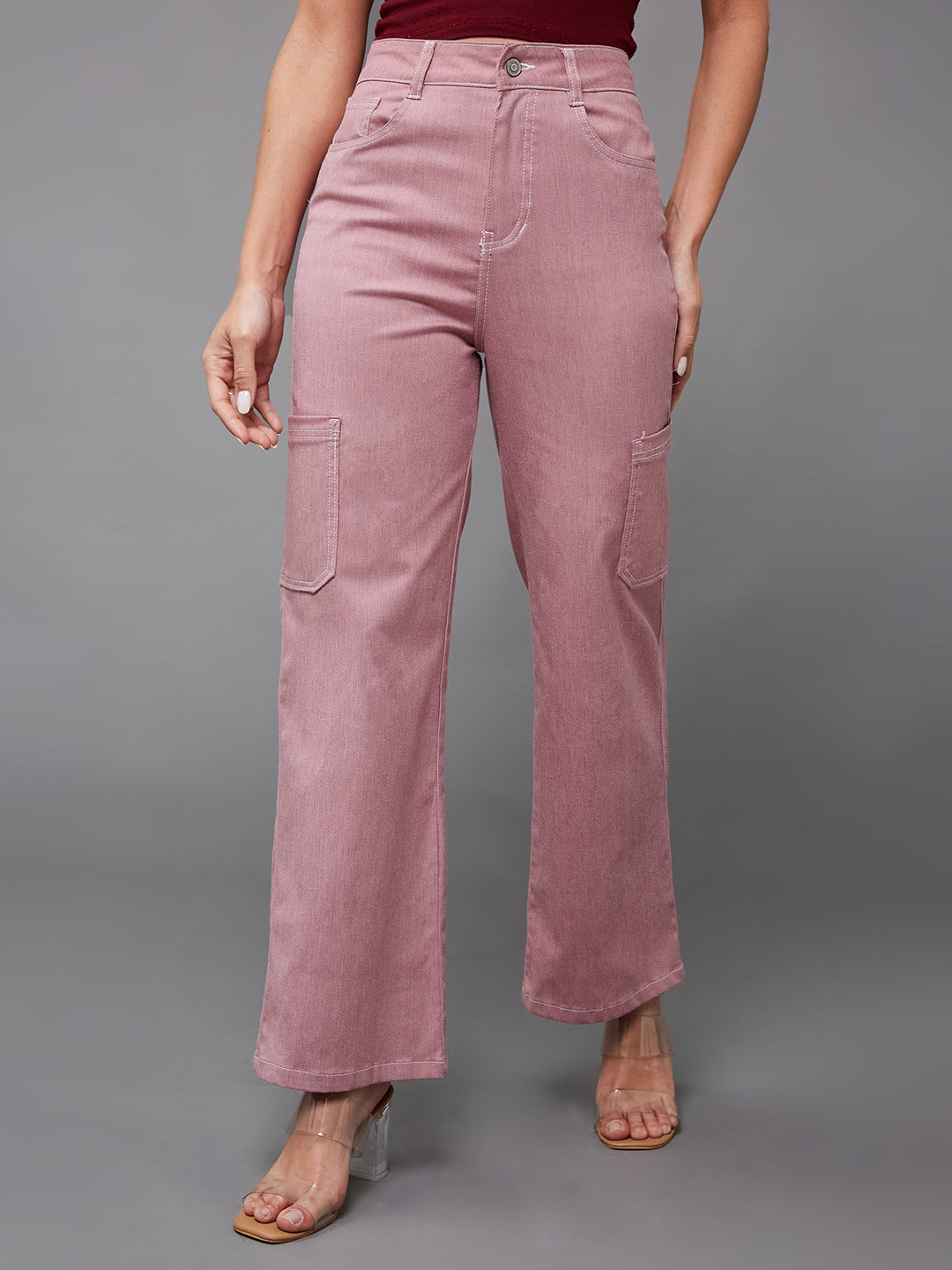 24/7 Comfort Women's Dusty Pink Wide-Leg High Rise Clean Look Regular-Length Stretchable Denim Pants