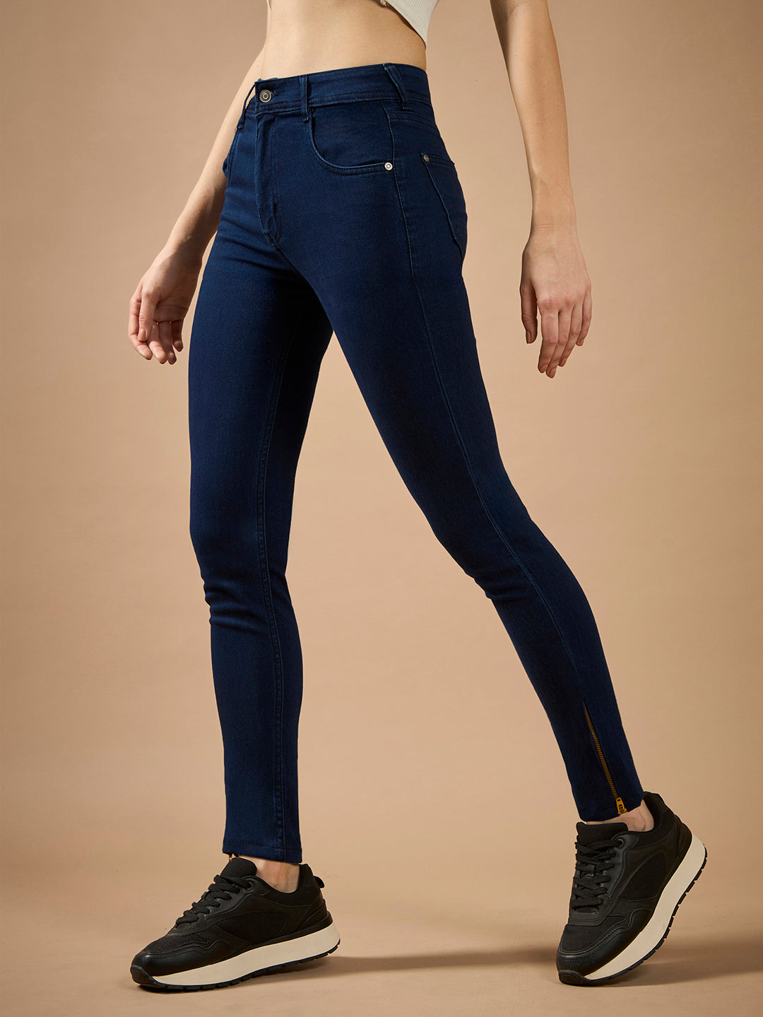 Women's Navy Blue Skinny Fit Mid Rise Cropped Length Zipper Detailing Denim Stretchable Jeans