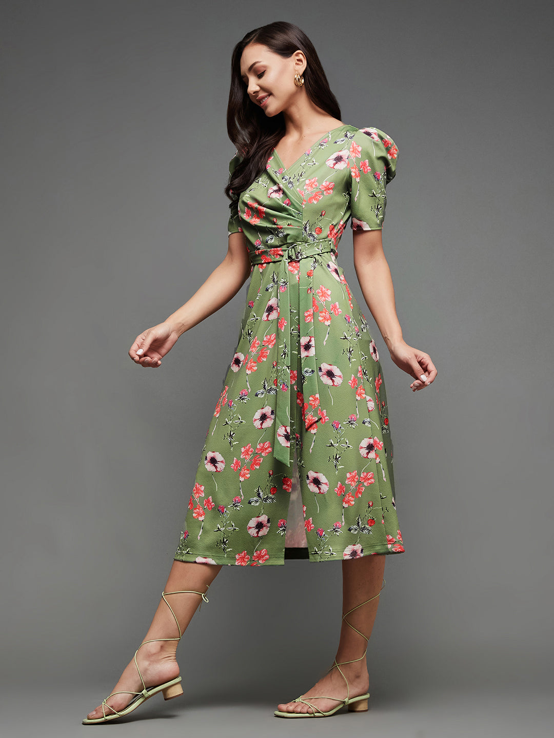 Crease Ease Women's Multicolored-Base-Green V-Neck Pleated Puff Sleeve Floral Patterned Wrap Midi Polyester Dress