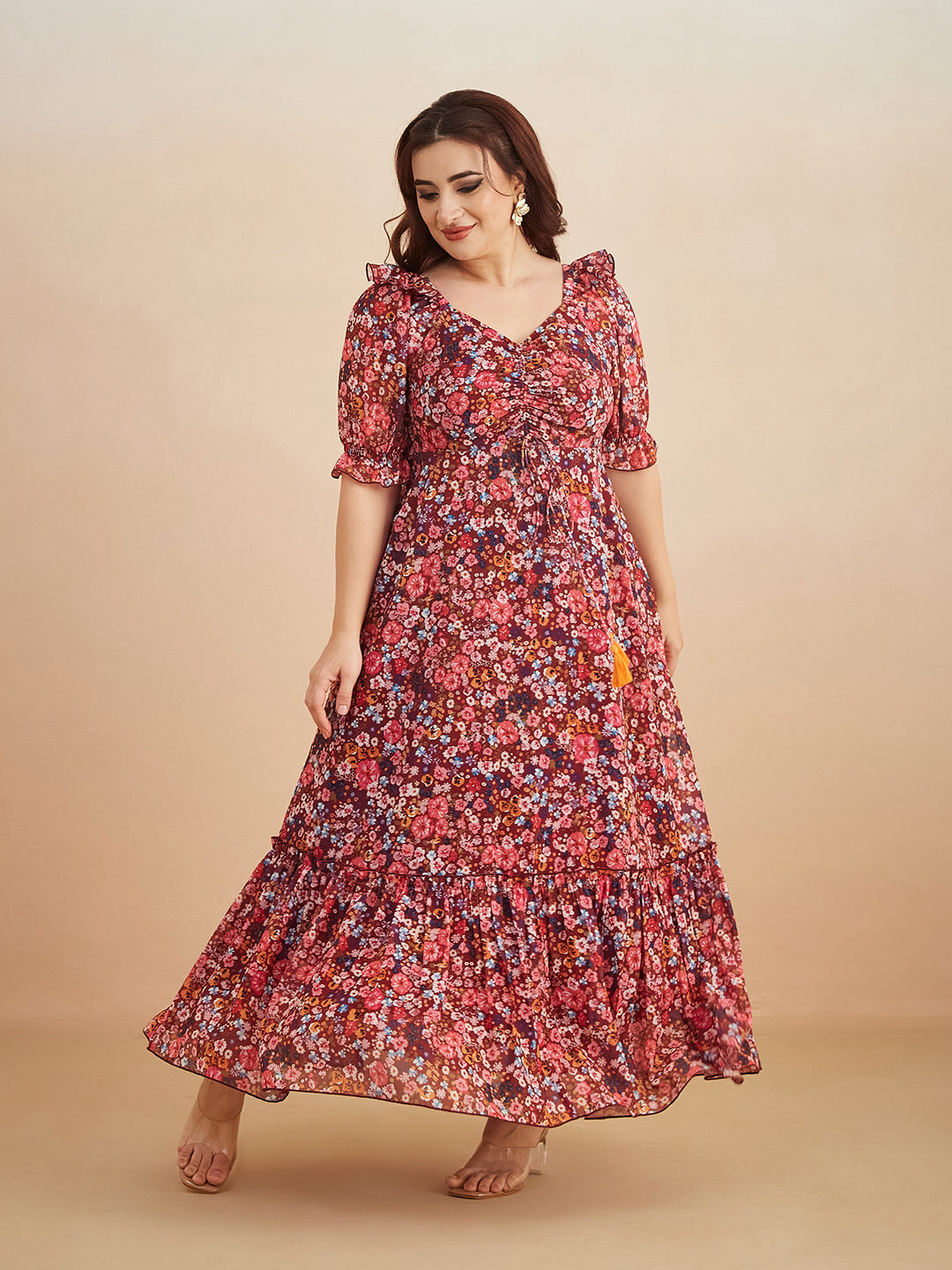 Multicolored-Base-Wine V-Neck Puff Sleeve Floral Ruching Ankle-Length Dress for Women