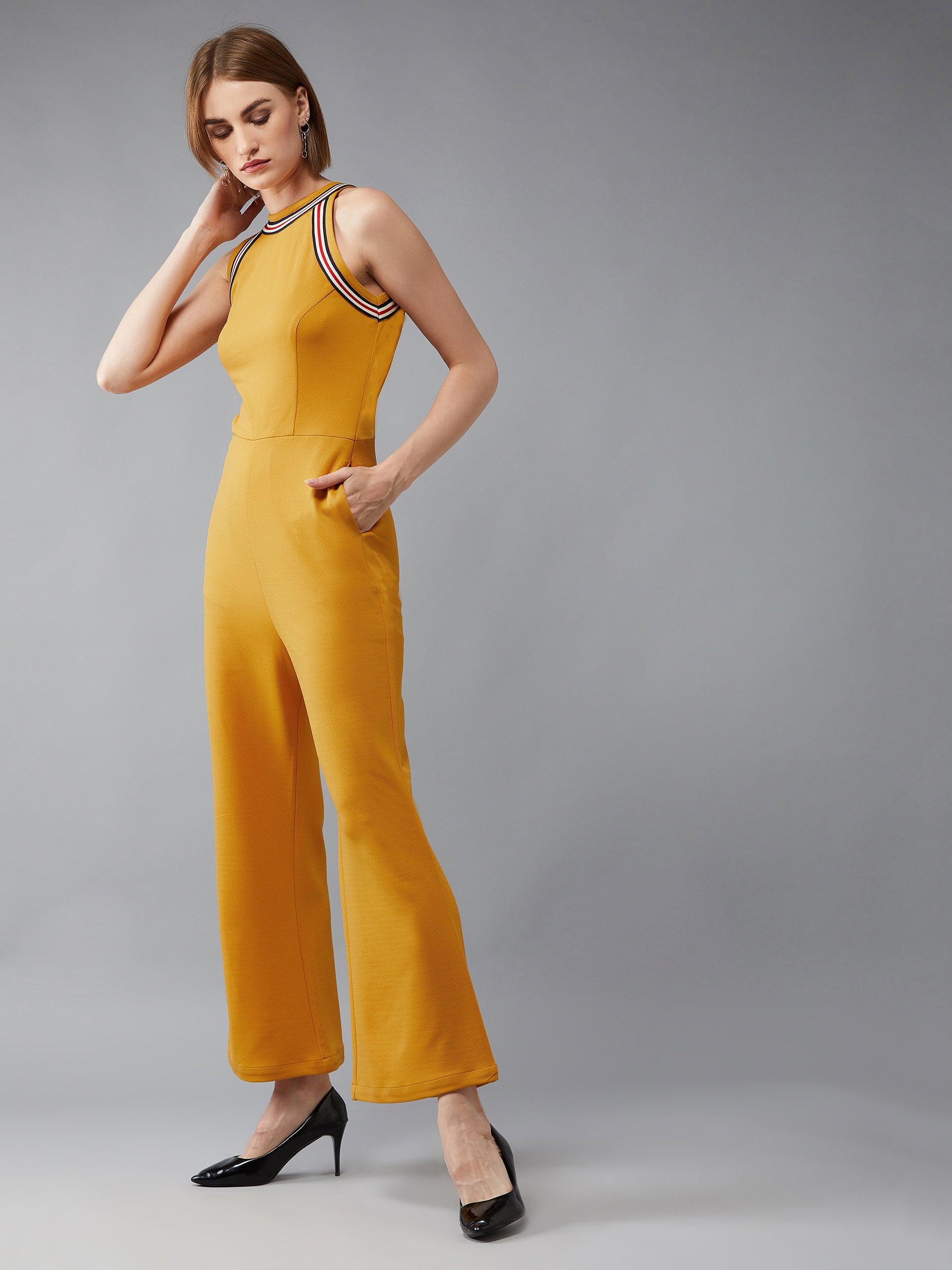 Women's Mustard Yellow Halter Neck Sleeveless Polyknitted Solid Straight Leg Regular Length Jumpsuit