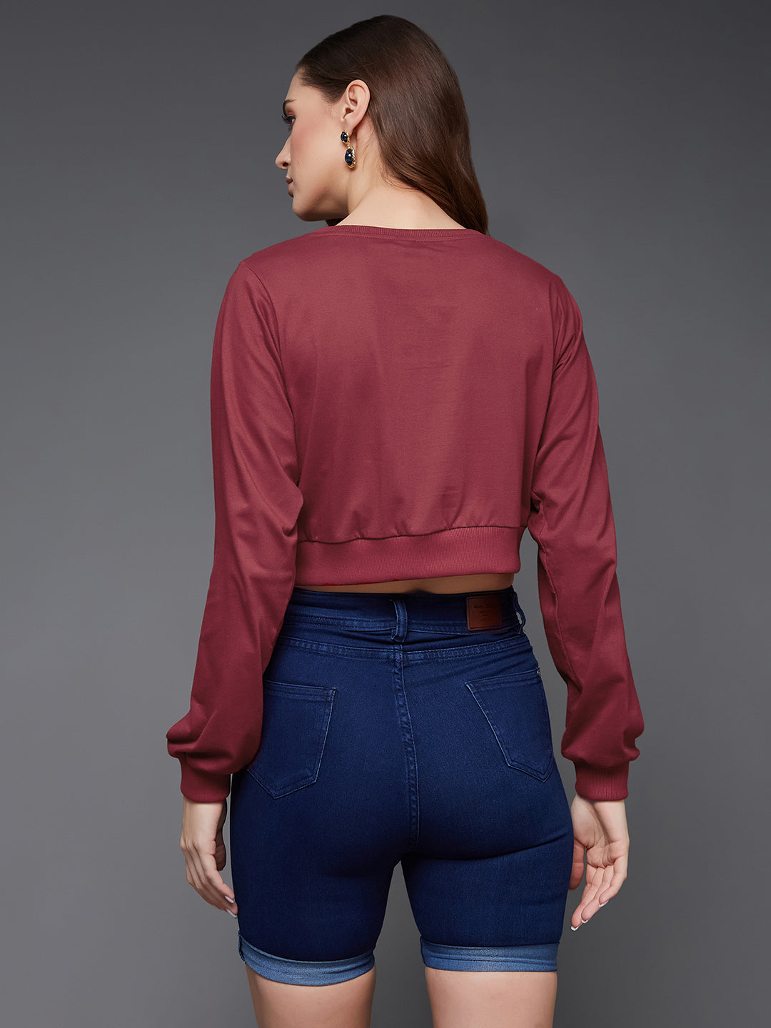 Women's Maroon Round Neck Full Sleeves Solid Crop Top