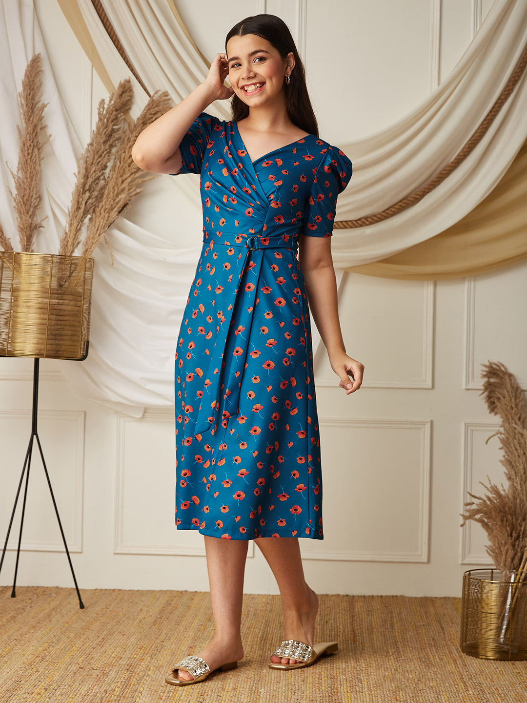 Multicolored-Base-Blue V-Neck Pleated Puff Sleeve Floral Patterned Wrap Midi Polyester Dress