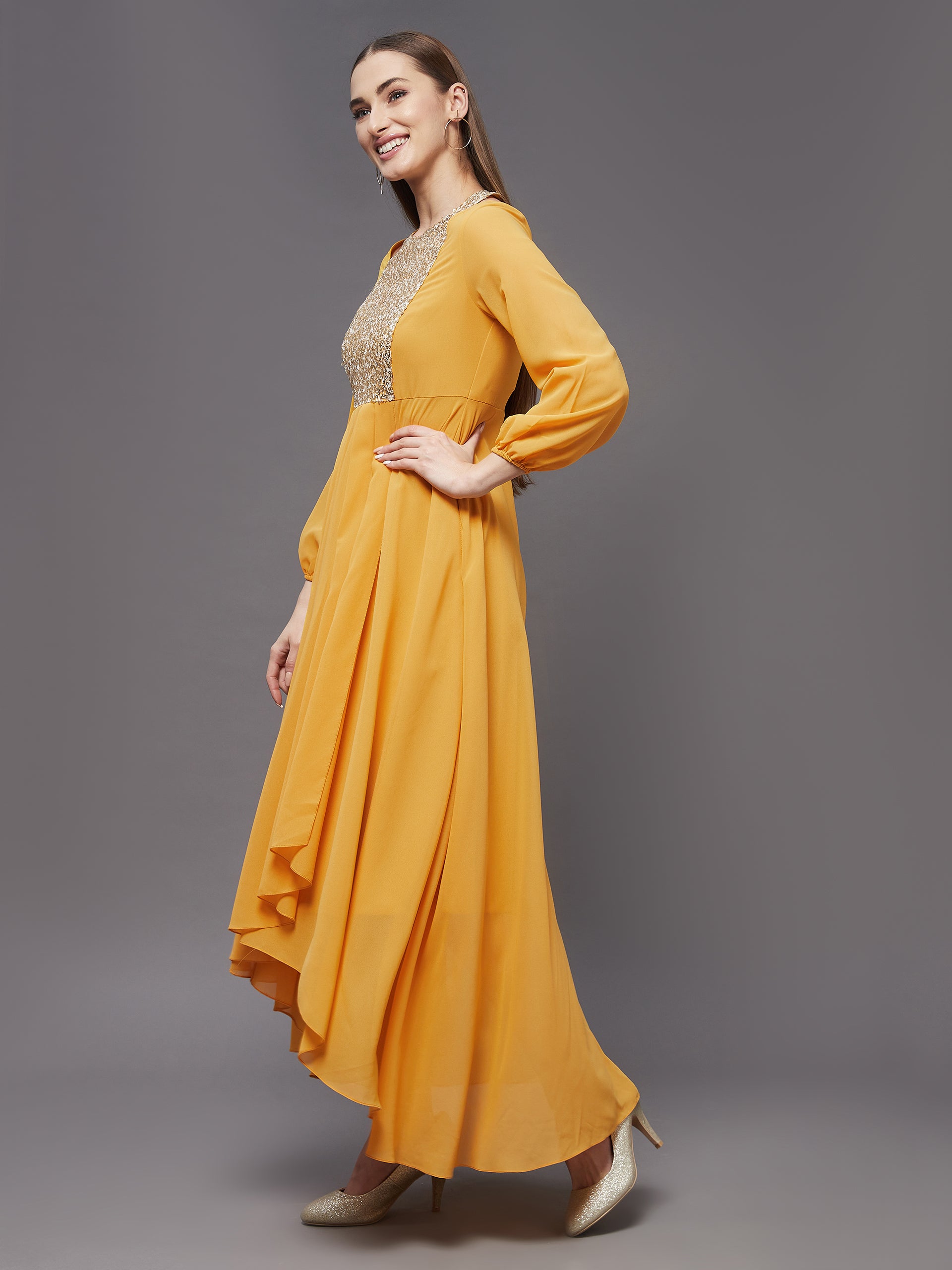 Women's Mustard Embellished Shoulder Cut-out Full Sleeve Maxi Dress